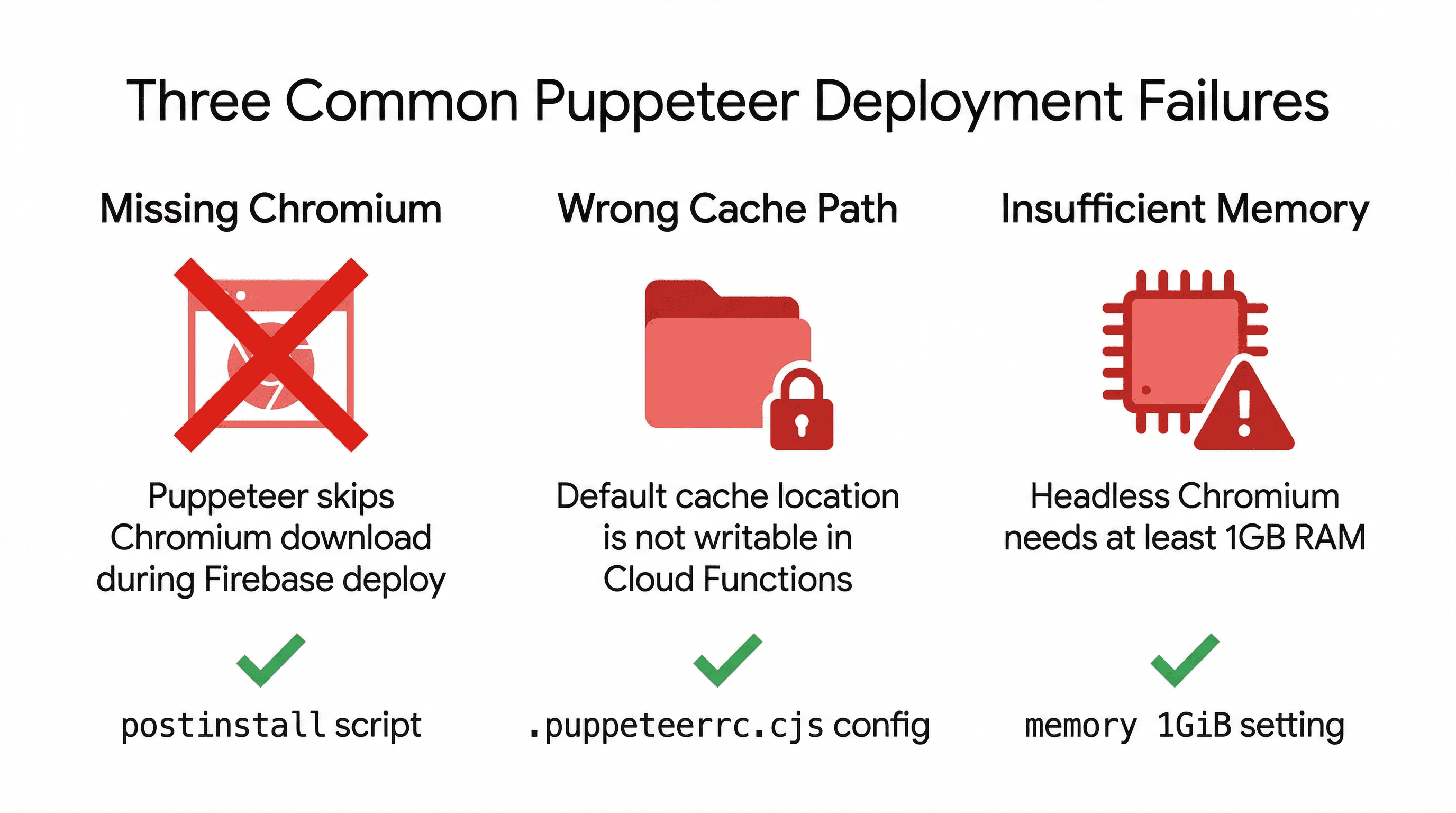Three common Puppeteer deployment failures: Missing Chromium, Wrong Cache Path, and Insufficient Memory, with their corresponding fixes